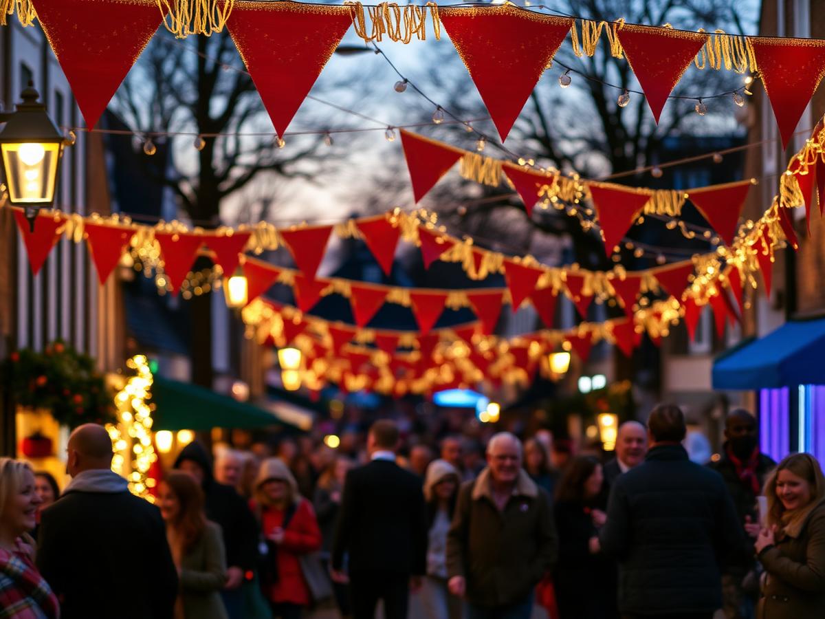 Feestelijke straat met rode vlaggetjes en lichtjes